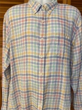 J. Crew Pastel Plaid Button-Down Shirt in Blue, Yellow, Green, Pink linen blend
